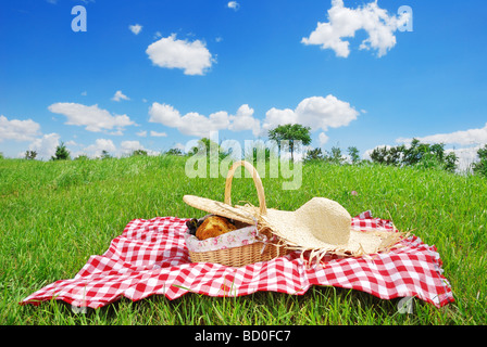 picnic settings on meadow Stock Photo