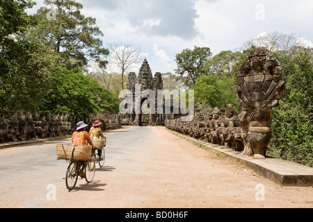 An ancient stone archway leading to Angkor Thom in Angkor, Cambodia Stock Photo