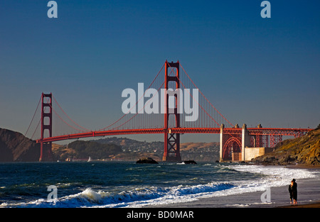 Golden Gate Bridge, viewed from Baker Beach in early evening light, San Francisco, California, USA Stock Photo