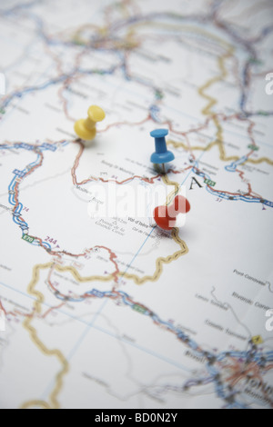3 pins marking locations on a map Stock Photo