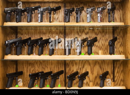 Gun shop in Burlington near to Minot North Dakota Many types of weapons are for sale here including handguns. Stock Photo