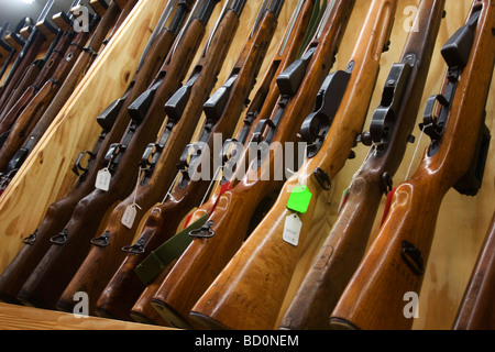 Gun shop in Burlington near to Minot North Dakota Many types of weapons are for sale here including these rifles. Stock Photo