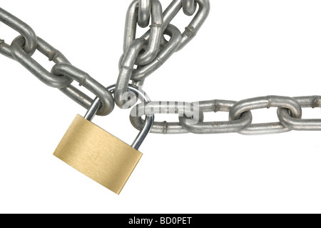 Metal chain held together by brass padlock Stock Photo - Alamy