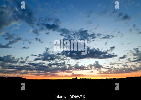Dawn / sunrise / first light with Cumulus and Altocumulus clouds - Indre-et-Loire, France. Stock Photo