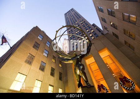 An evening view of the Atlas Statue at Rockefeller Center New York City New York Stock Photo