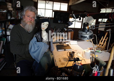 Johnny Wales an illustrator and puppet maker, Sado island Niigata Japan, April 5th 2009. Stock Photo