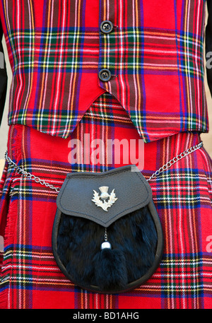 Close-up of a Scottish tartan Royal Stewart kilt and waistcoat with dress sporran Stock Photo