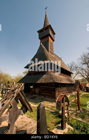 Wooden 14th century Greco Catholic Church (Church on the Hill)  in Ieud, Maramures County, of northern Transylvania Stock Photo