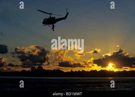 Early morning, soldierof the German special forces 'Kampfschwimmerkompanie' is picked up out of the sea by helicopter, soldiers Stock Photo