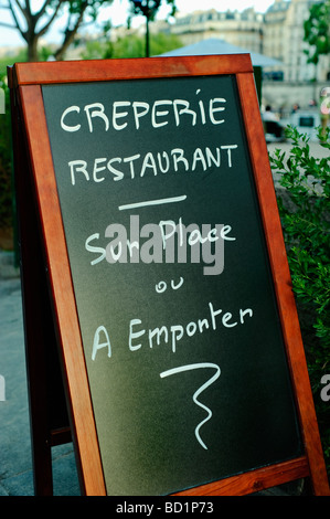Paris France, Detail, French Creperie Restaurant Sign on Blackboard Street  Quay at Paris Plages Event