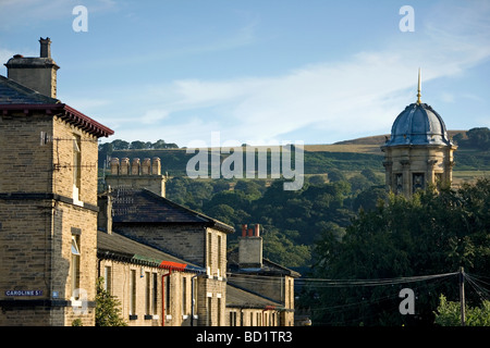 A view of houses and the church tower at Saltaire, a UNESCO world heritage site in Bradford, West Yorkshire, England Stock Photo