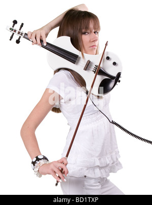 Pretty girl plays the electric violin in an unusual way Stock Photo