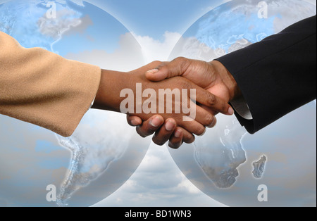 Global agreement depicted by handshake between man and woman Stock Photo