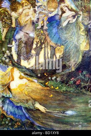 Fairies are shown singing Titania (from Shakespeare's A Midsummer Night's Dream), the queen of the fairies, to sleep. Stock Photo