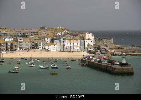 Town of St Ives, England. Aerial view of St Ives Harbour with Smeaton’s Pier and Harbour Beach. Stock Photo