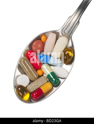 Assorted pills in spoon elevated view