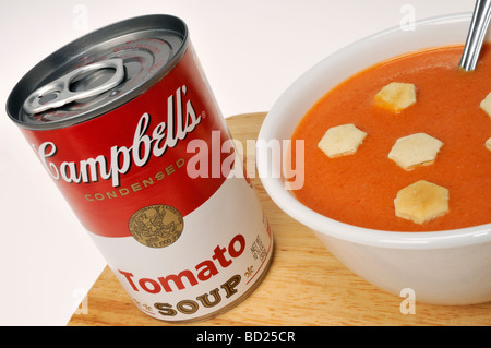 Can of Campbell's tomato soup with oyster crackers in white bowl with spoon. Stock Photo