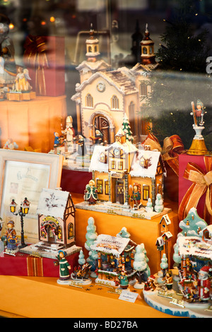 Traditional wooden christmas decorations on display in a shop window in Bavaria, Germany Europe Stock Photo