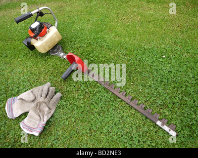 Domestic type petrol powered garden hedge trimmer tool and leather safety gloves Focus on cutting blades Stock Photo