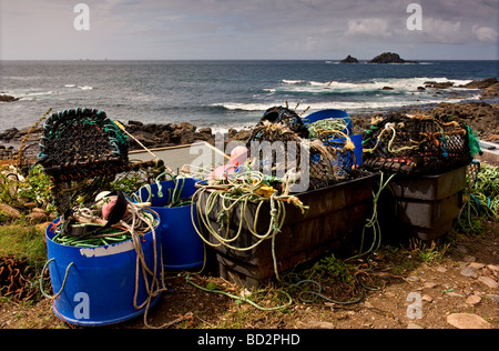 Fishing gear in Priests Cove in Cornwall. Stock Photo