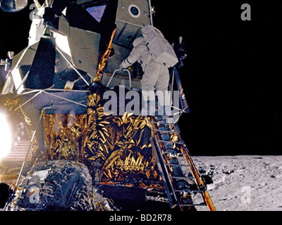 NASA Apollo 12 Astronaut Alan Bean outside the space capsule on the moon Stock Photo