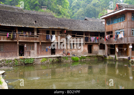 Typical wooden buildings characterize a Dong Village Zhaoxing Guizhou Province China Stock Photo