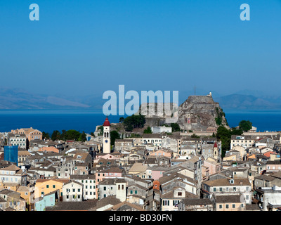 View over old town of Kerkyra towards Old Fortress on Corfu Island in Greece Stock Photo