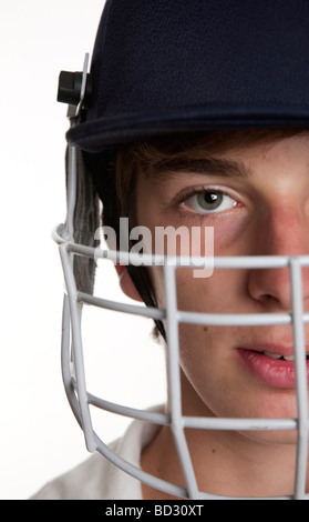 Head shot of boy in cricket helmet Stock Photo