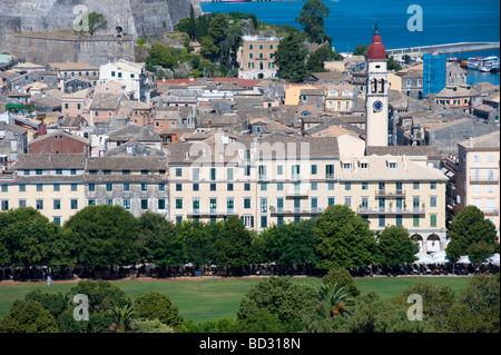 View over the historic town of Kerkyra towards the cricket ground and Liston and to the new castle on Corfu Island in Greece Stock Photo