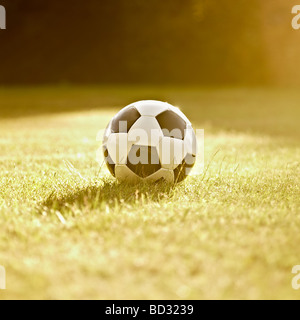 Black and white generic leather football / soccer ball on grass, back lit in the sun. Stock Photo