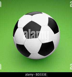 Black and White  Leather Football / Soccer Ball on Green Background.