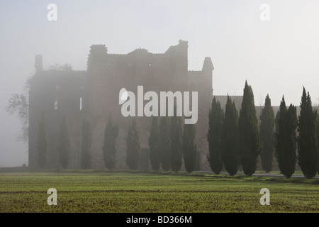 The abbey of San Galgano in Tuscany Italy in foggy morning Stock Photo