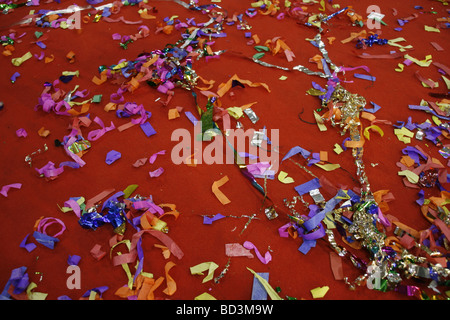 lots of colourful confetti and garlands on red carpet at vip event Stock Photo