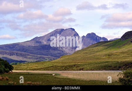 Blaven and Clach Glas from Strath Suardal. Strathaird, Isle of Skye, Inner Hebrides, Scotland, United Kingdom, Europe. Stock Photo