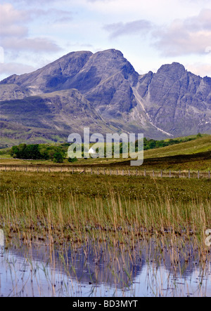 Blaven and Clach Glas from Strath Suardal. Strathaird, Isle of Skye, Inner Hebrides, Scotland, United Kingdom, Europe. Stock Photo