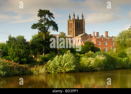 Hereford Cathedral overlooking the River Wye Hereford Herefordshire england UK Stock Photo