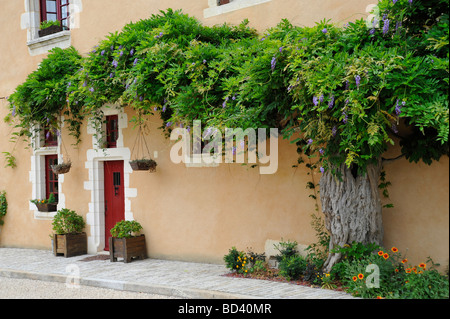 Beautiful old historic medieval house, doorway and surrounding flower display in France Stock Photo