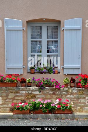 Old French wooden window with pale grey shutters surrounded by flowers in bloom Stock Photo