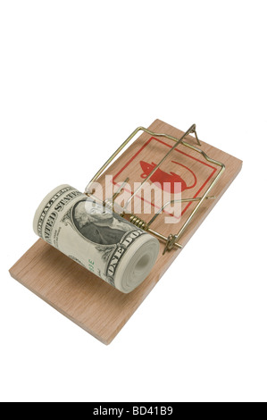 Roll of American bills set on a mouse trap Stock Photo
