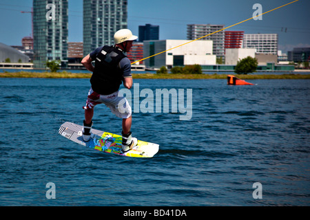 Cable Wakeboarding on the Weerwater Lake in Almere, Netherlands Stock Photo