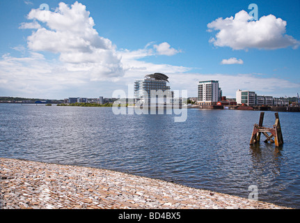 View across Cardiff bay waterfront to St Davids Hotel Stock Photo
