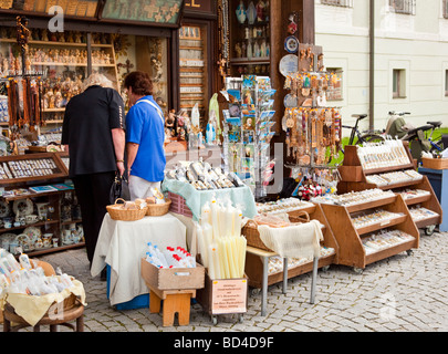 Window shopping for souvenirs at a religious gift shop in the pilgrimage shrine town of Altotting in Bavaria, Germany Stock Photo