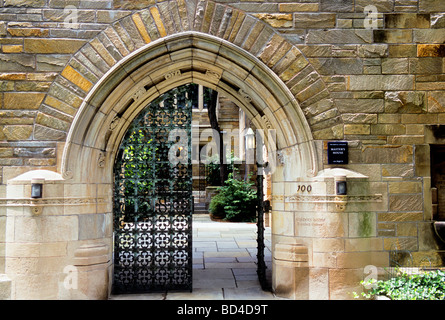 USA New Haven Connecticut Yale University master's stone house with stone arch arch and wrought iron gate Stock Photo