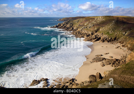 porth chapel beach with gwennap head in distance cornwall Stock Photo