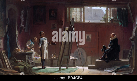 fine arts, Spitzweg, Carl (1808 - 1885), painting, 'The Portrait Painter', 1860, 40 x 22 cm, private collection, Biedermeier, Stock Photo