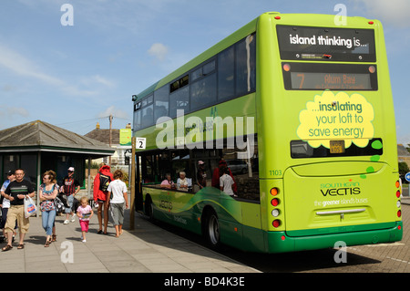 Yarmouth resort Isle of Wight England UK Southern Vectis double decker Scania Omnicity model bus and passengers Stock Photo