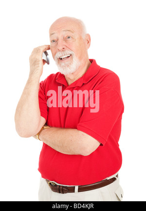 Senior man having a pleasant conversation on his cell phone Isolated on white  Stock Photo