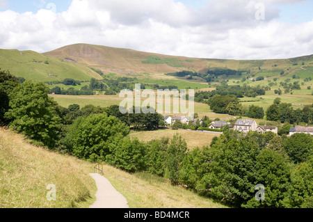 Mam Tor and Castleton village viewed from Peveril Castle in the Peak District of Derbyshire, England Stock Photo