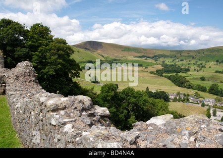 Mam Tor and Castleton village viewed from Peveril Castle in the Peak District National Park in Derbyshire, England Stock Photo