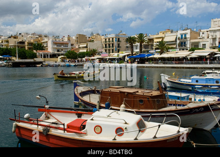 Boats on Lake Voulismeni Agios Nikolaos Crete Stock Photo